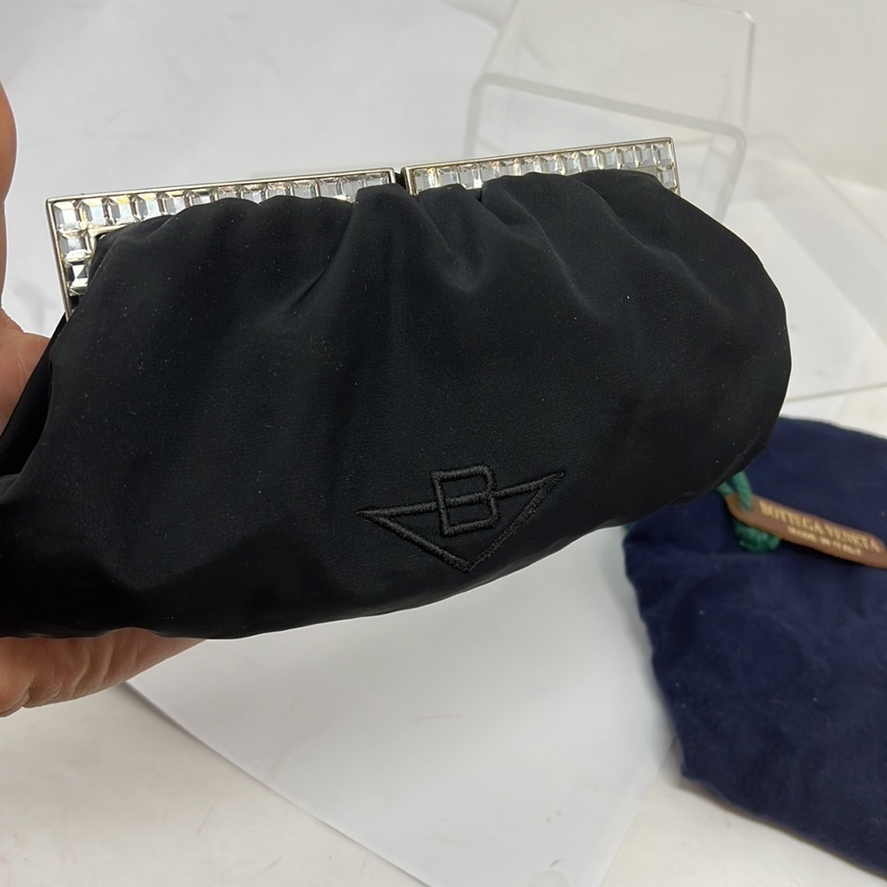 Bottega Veneta Black Silk Nylon Silver and Crystal Structured Evening Clutch Bag